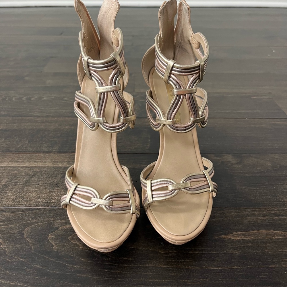 BCBGMaxAzria Cream and Tan Heels with Strappy Design